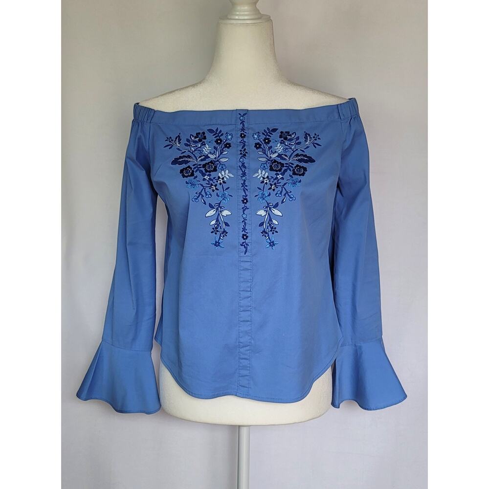 Express Boho Embroidered Blue Off the Shoulder Long Flutter Sleeve Top Women's M